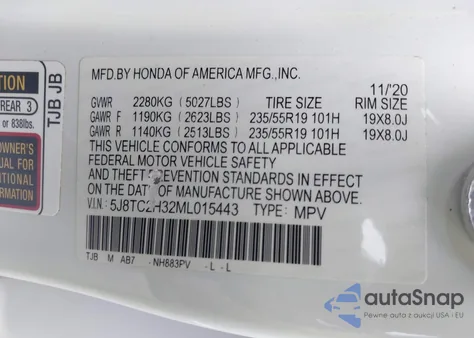 2021 Acura Rdx Standard z USA, uszkodzony, nr VIN 5J8TC2H32ML015443